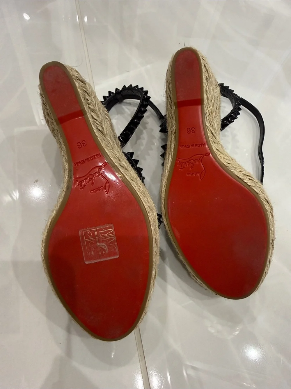 Christian Louboutin Black Patent Studded Espadrille Wedge Sandals